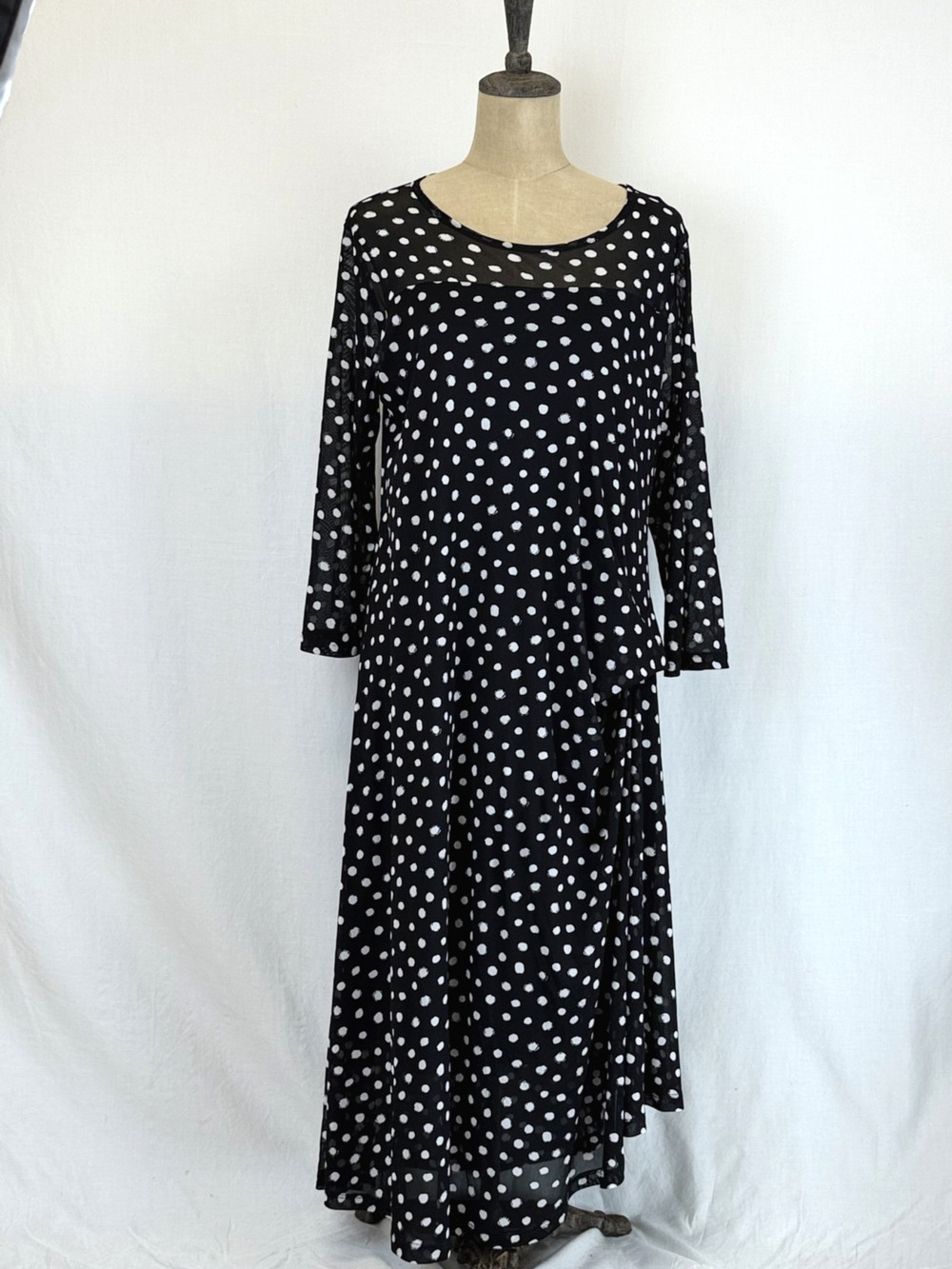 Comfy USA Black White Mesh Overlay Polka Dot Dress #0407 SZ XL